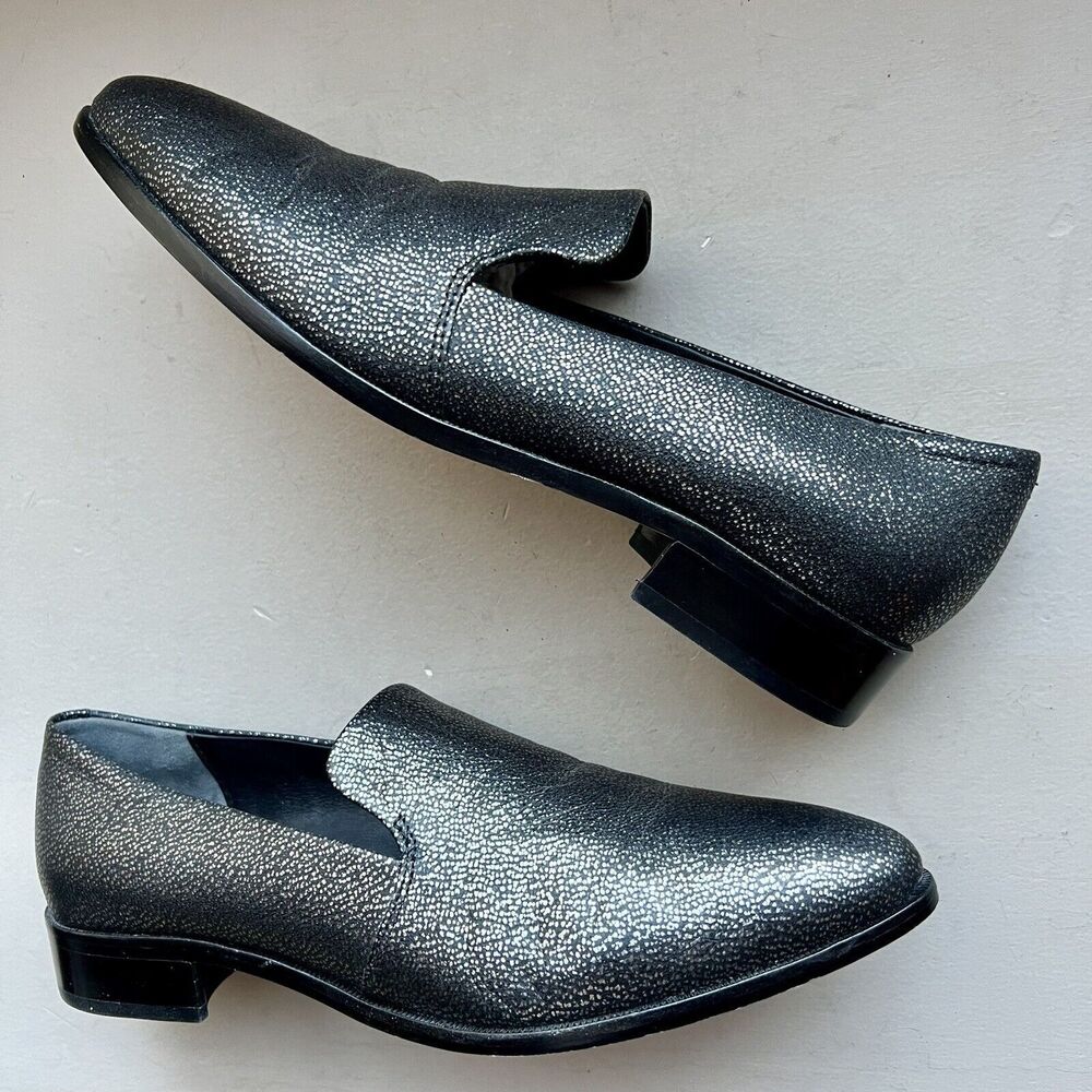 Paige Madison Gunmetal Metallic On Black Leather Slip On Loafer Shoes Women's 9